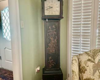 Chinoiserie style clock with case opening into shelving. Very unique