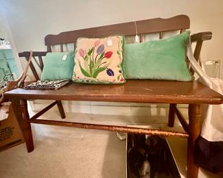 Needlepoint and mid 20th C reproduction early American bench