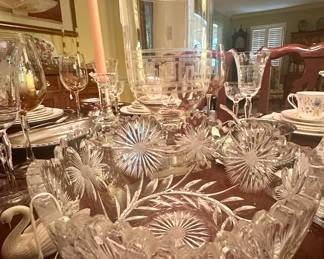 American Brilliant Period fruit bowl and beautiful Greek Key etched glass vase
