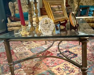 Heavy glass and brass coffee table with beveled edges