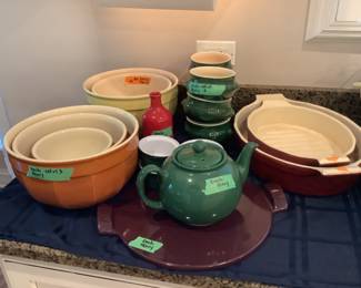 Emile Henry mixing bowls, soup bowls, tray, teapot