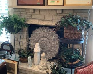 Signed art, plant stands, Isabel Bloom statues, greenery