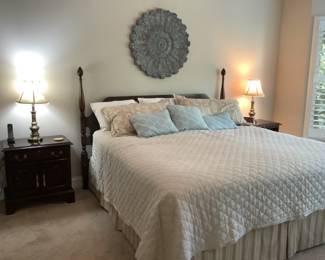 King bed with headboard, mattress and box spring. Also linens,