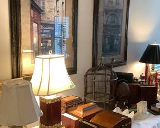Lamps, brass bookends, decorative boxes,