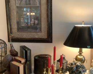 Book boxes, bird cage, brass candlesticks, lantern,