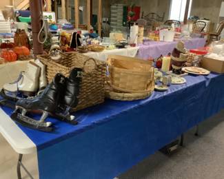 Ice skates, baskets, Santa cookie jar