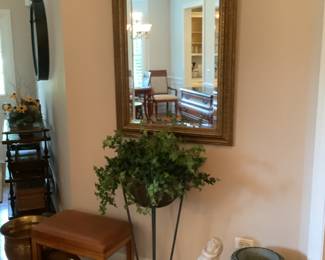 Large gold framed mirror, plant stand with ivy, leather topped footstool on castors, urn and Isabel Bloom large female statue.