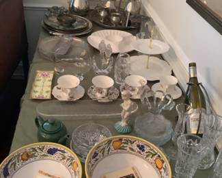 Lots of pretty bowls and decorative dishes, cups and saucers, full pewter tea set