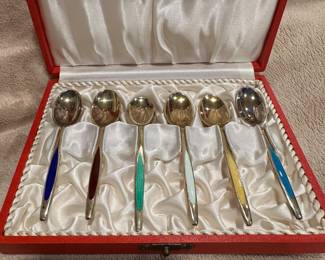 6 Meka Sterling Silver Enamel Spoons Denmark in Case