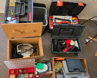 Power tools, tool boxes, loads of screws, nails, hinges, clamps and handy man supplies ..including full gallons of paint as well as spray paint