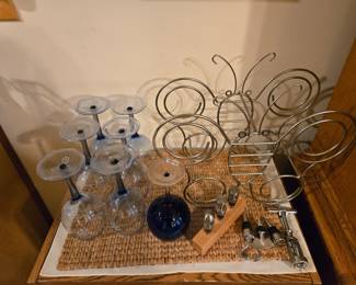 Wine glasses blue stem with snow flakes...butterfly wine holder 4 bottles. Stainless cork sets