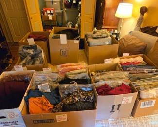 Mens clothes many in original package or new with tags..sizes medium, large, XL.
Pants sizes 38-44. Many new belts