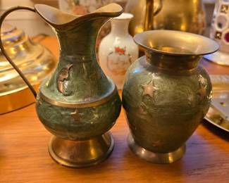 Cloisonne moon and stars brass pitcher and vase