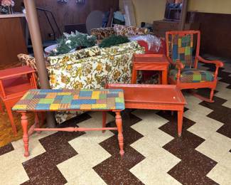MCM painted furniture with custom upholstery - coffee table, bench, 2 side tables and rocking chair