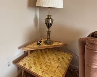 MCM corner table with wood accent top