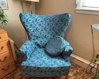 1 of 2 custom upholstered wing back chairs 