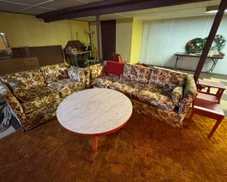 MCM sofa table, sofa and loveseat with custom upholstery