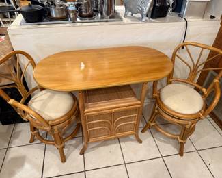 Rattan MCM Honeymoon Table & 2 Chairs Set