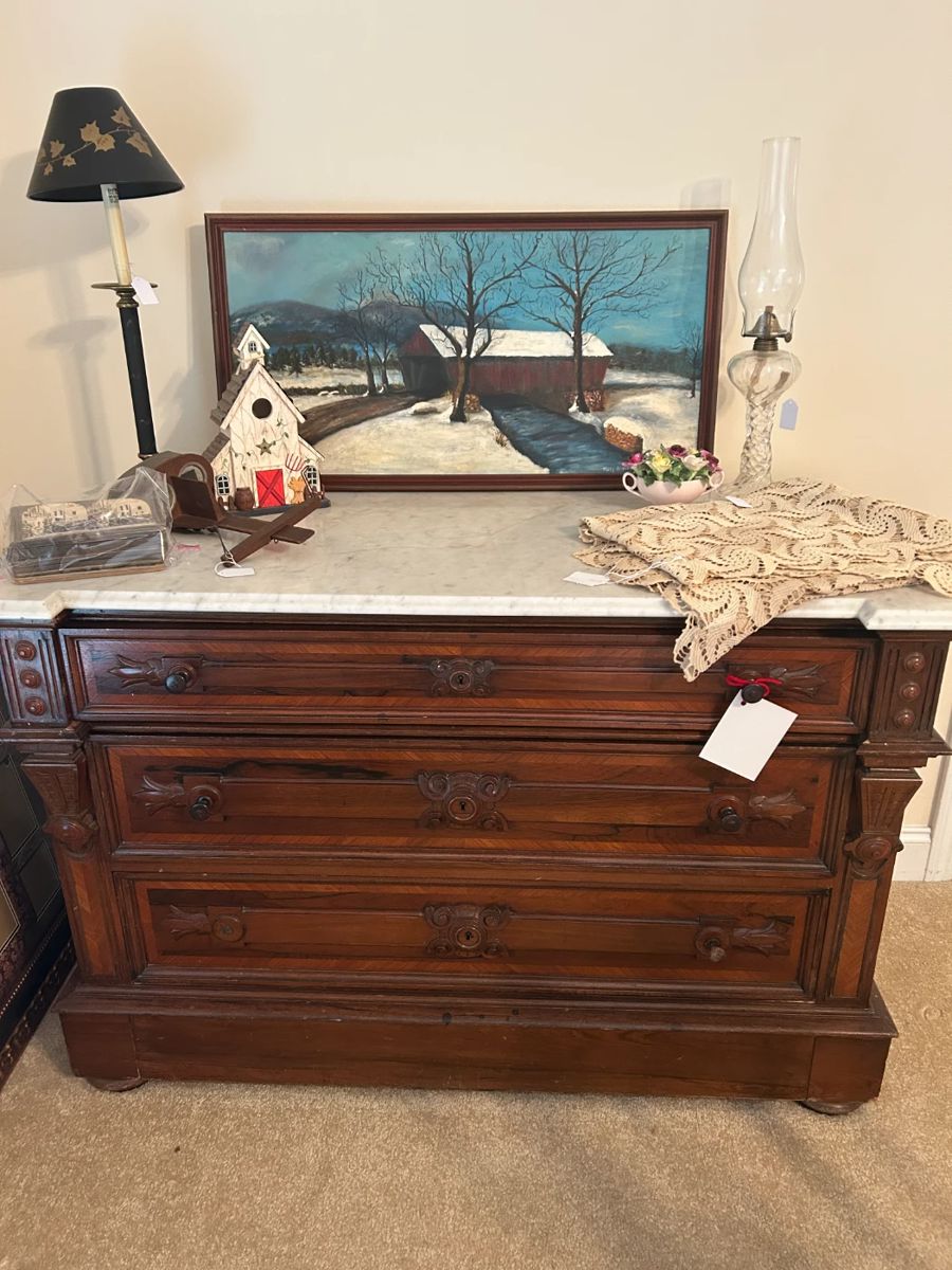 Marble top dresser with hidden drawer from Brumby Rocker family estate, painting, oil lamp, bird house, vintage linen