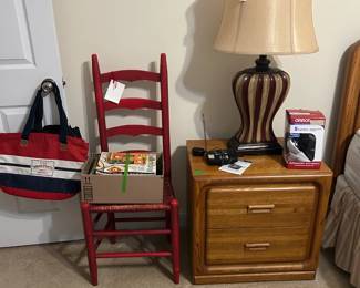 shaker chair, lamps, nightstands