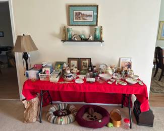 floor lamp, Roseville, dog beds and toys, hand painted Nippon, German misc., dvds, cds, 45s