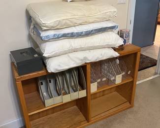 bookshelf, pillows, magazine organizers