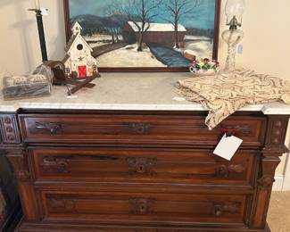 Marble top dresser with hidden drawer from Brumby Rocker family estate, painting, oil lamp, bird house, vintage linen