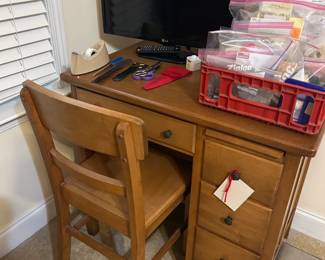 vintage desk and chair, tv, office supplies