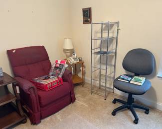 recliner, shelf, lamp, misc.