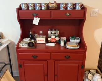 red painted hutch, vintage Dr. Pepper, hen on nest, mugs