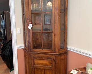 lighted pine hutch, mcm pitcher and glasses