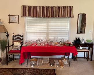 glassware, glasses from the Varsity, milk bottles, mirror, foyer table, vanity bench,