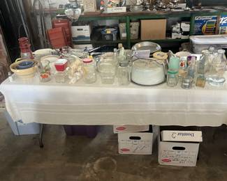 More glass ware, vintage cake carrier, Display lamp