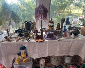 in house upstairs, Crocks, beanie babies (tons in shop)  hand carved items, decor, lamp...etc