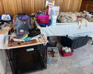 dog kennel, bags, candles, doilies, dog supplies, etc