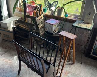 Magazine holder, stook, chair, dolls, plants