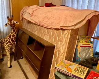 QUEEN MATTRESS, BOOKCASE HEADBOARD, TALL STUFFED GIRAFFE