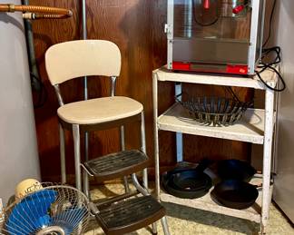 VINTAGE COSCO STEP STOOL, METAL KITCHEN CART, POPCORN MACHINE, CAST IRON SKILLETS