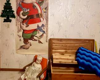 CEDAR CHEST, LARGE VINTAGE SANTA WITH BIRDS DOOR COVER