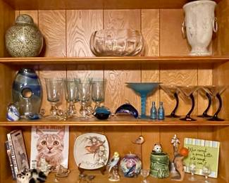 ART GLASS FIGURINES, BARWARE, KNICK KNACKS