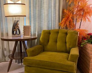 VINTAGE UPHOLSTERED ROCKING CHAIR, MCM ACCENT TABLE, RETRO FAUX ORANGE PLASTIC PLANT