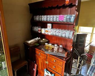 Cherry cabinet (contents not included); horse glasses, labels for cans