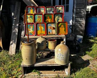 Coke trays 1920s to 1940s; labeled crocks