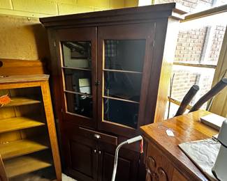 Corner cabinet; bookcase, murphy bed, Western Auto bike