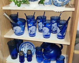 Blue and White including Hazel Atlas Cobalt Windmill Glasses