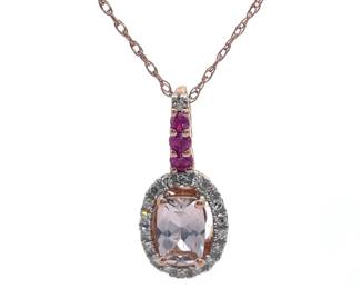 Morganite, Pink Sapphire & Natural Diamond Drop Halo Pendant Necklace in 14k Rose Gold