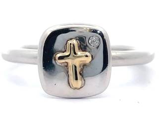 NEW! Natural Diamond Solitaire Cross Tablet Comfort-Fit Two-Tone Ring 