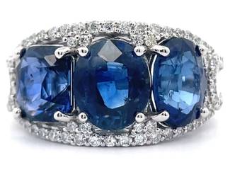 NEW! 6.60 Carat Ceylon Sapphire & Natural Diamond Three-Stone Ring in Platinum