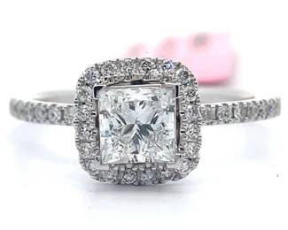 1 Carat Princess Diamond Pavé Halo Ring in 14k White Gold