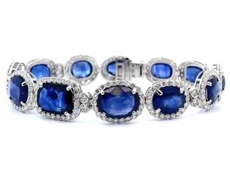 NEW! Oscar Friedman 35.47 Carat Natural Ceylon Sapphire & Natural Diamond Halo Bracelet in Platinum